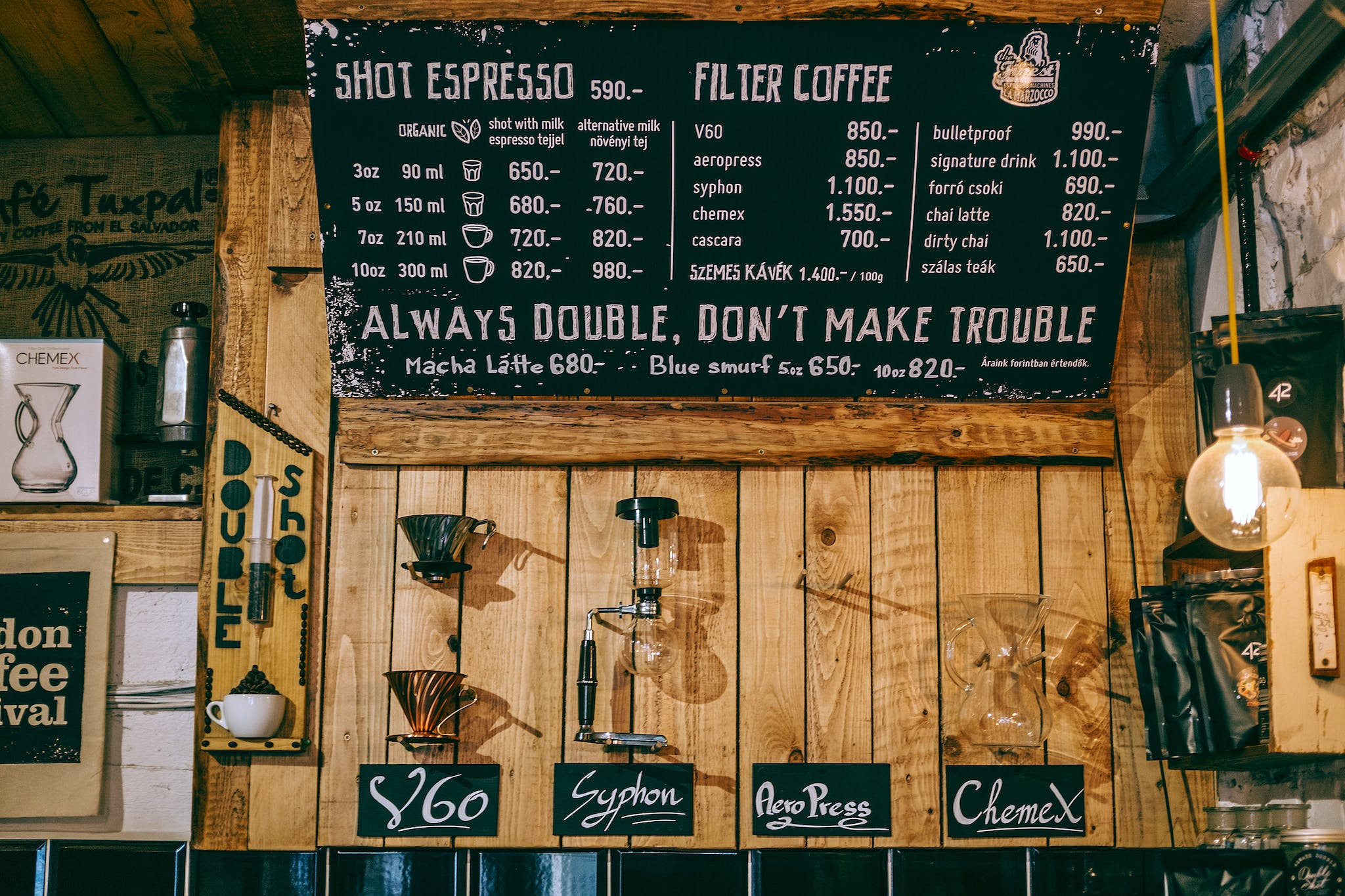 Cozy coffee house with creative decorated menu board